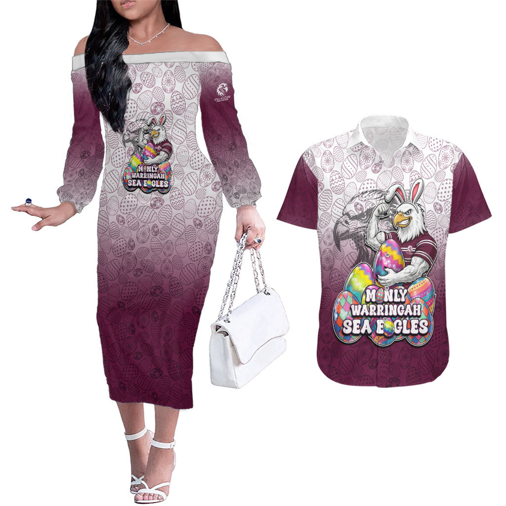Personalized Manly Warringah Sea Eagles Couples Matching Off The Shoulder Long Sleeve Dress and Hawaiian Shirt Easter Mascot - Colorful Eggs Cartoon Style