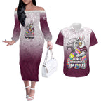 Personalized Manly Warringah Sea Eagles Couples Matching Off The Shoulder Long Sleeve Dress and Hawaiian Shirt Easter Mascot - Colorful Eggs Cartoon Style