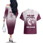 Personalized Manly Warringah Sea Eagles Couples Matching Off The Shoulder Long Sleeve Dress and Hawaiian Shirt Easter Mascot - Colorful Eggs Cartoon Style