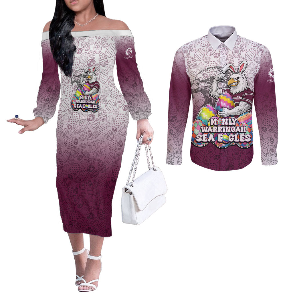 Personalized Manly Warringah Sea Eagles Couples Matching Off The Shoulder Long Sleeve Dress and Long Sleeve Button Shirt Easter Mascot - Colorful Eggs Cartoon Style