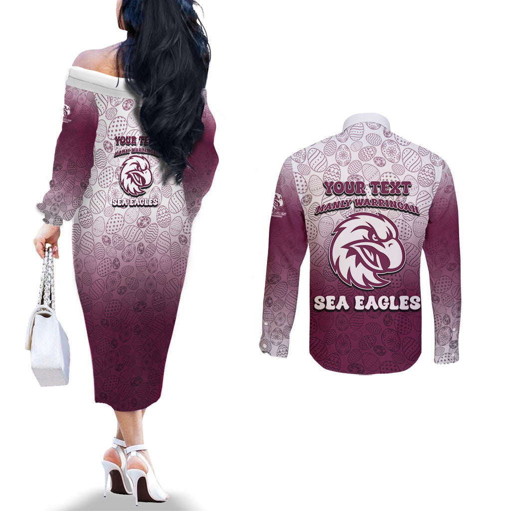 Personalized Manly Warringah Sea Eagles Couples Matching Off The Shoulder Long Sleeve Dress and Long Sleeve Button Shirt Easter Mascot - Colorful Eggs Cartoon Style