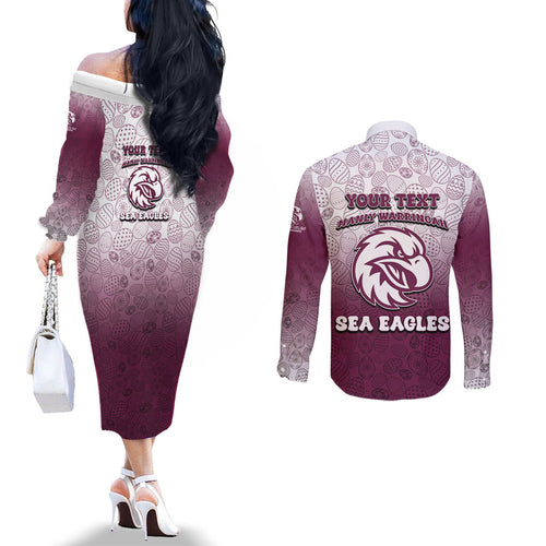 Personalized Manly Warringah Sea Eagles Couples Matching Off The Shoulder Long Sleeve Dress and Long Sleeve Button Shirt Easter Mascot - Colorful Eggs Cartoon Style