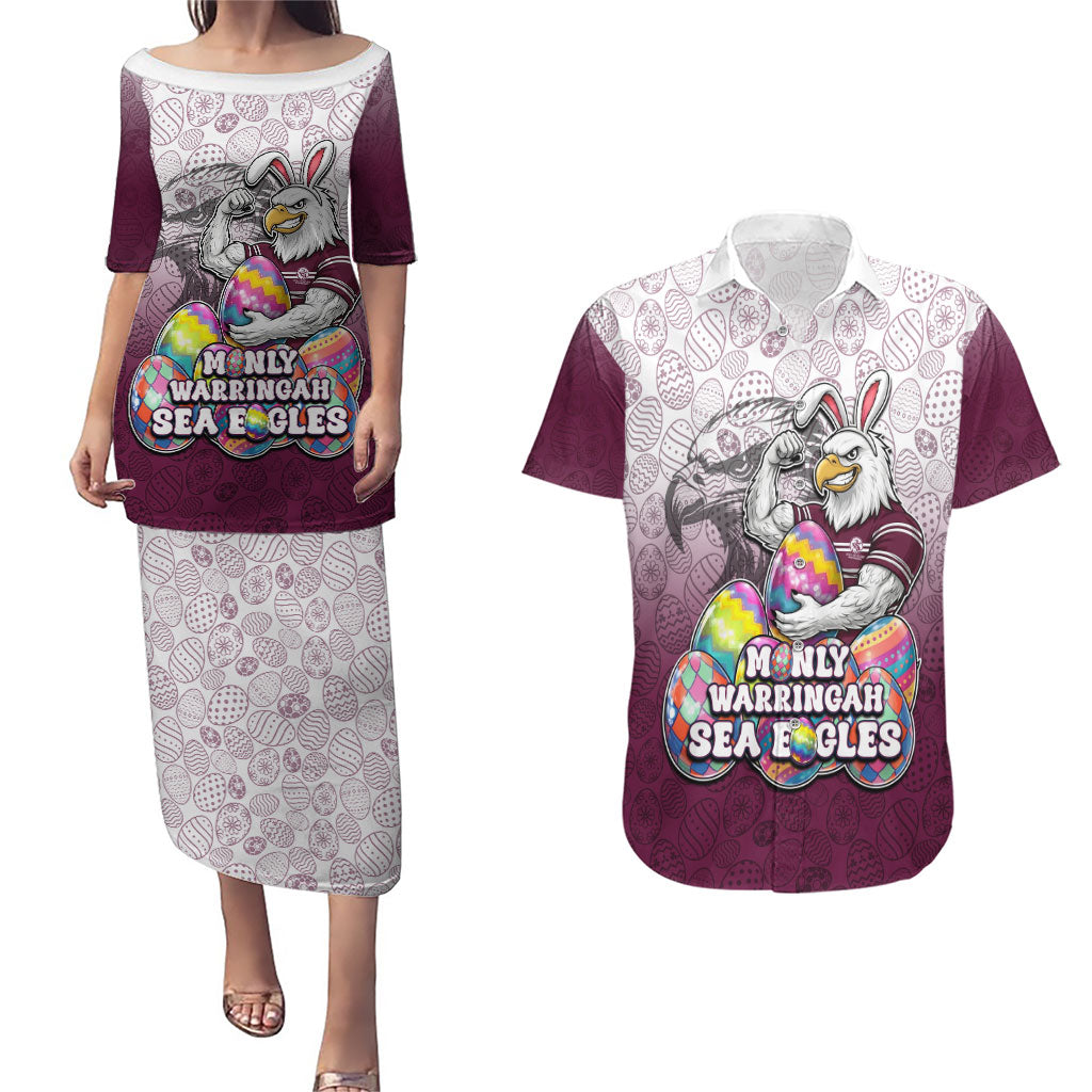 Personalized Manly Warringah Sea Eagles Couples Matching Puletasi and Hawaiian Shirt Easter Mascot - Colorful Eggs Cartoon Style