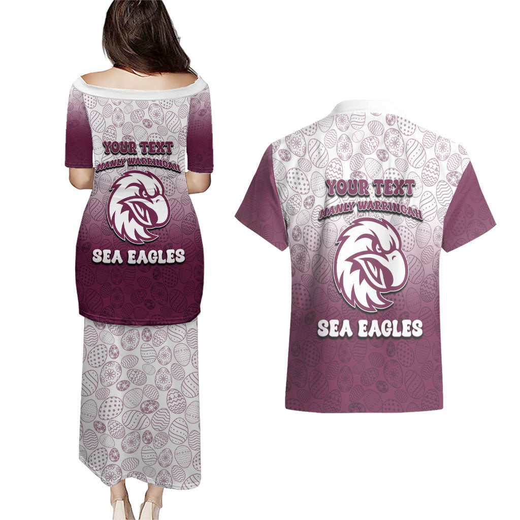 Personalized Manly Warringah Sea Eagles Couples Matching Puletasi and Hawaiian Shirt Easter Mascot - Colorful Eggs Cartoon Style