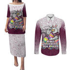 Personalized Manly Warringah Sea Eagles Couples Matching Puletasi and Long Sleeve Button Shirt Easter Mascot - Colorful Eggs Cartoon Style
