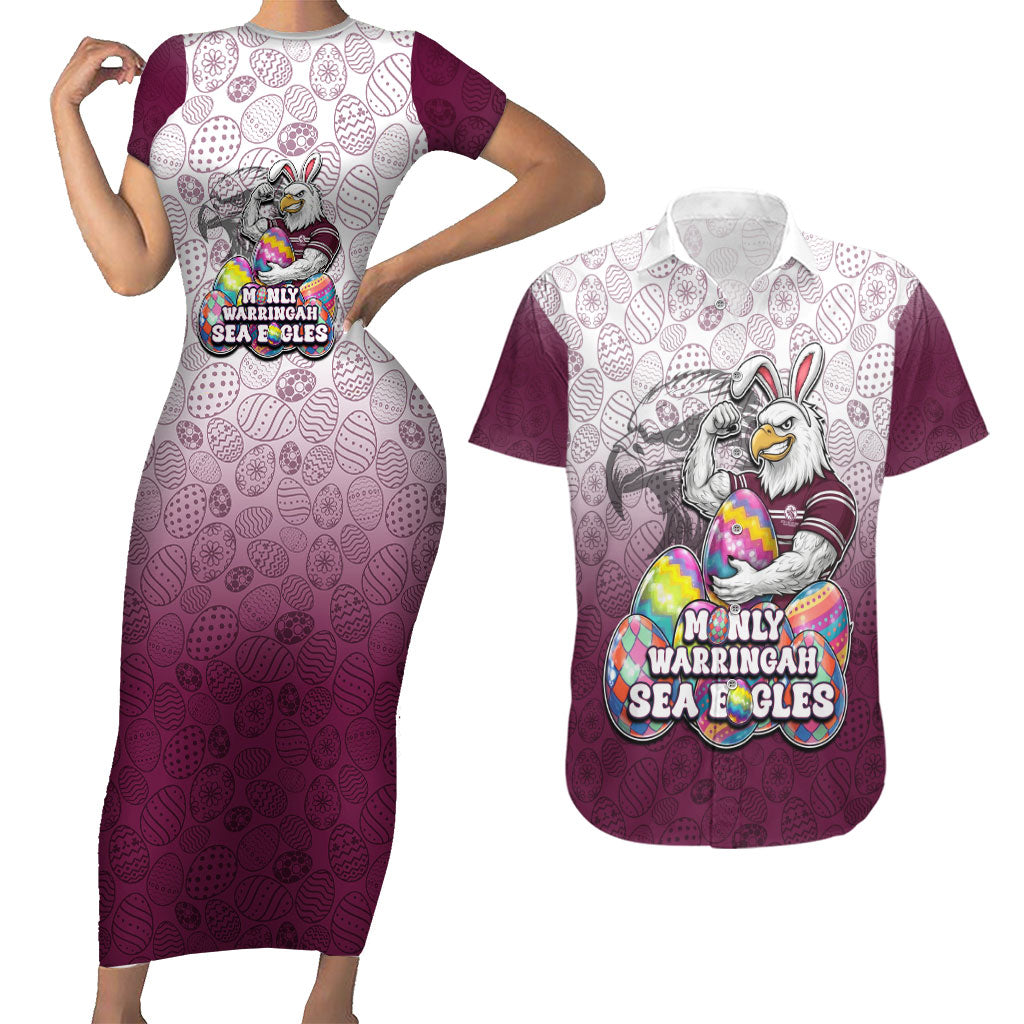 Personalized Manly Warringah Sea Eagles Couples Matching Short Sleeve Bodycon Dress and Hawaiian Shirt Easter Mascot - Colorful Eggs Cartoon Style