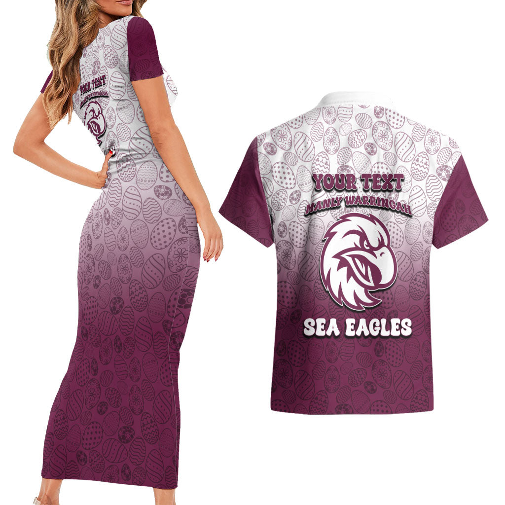 Personalized Manly Warringah Sea Eagles Couples Matching Short Sleeve Bodycon Dress and Hawaiian Shirt Easter Mascot - Colorful Eggs Cartoon Style