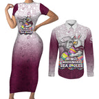 Personalized Manly Warringah Sea Eagles Couples Matching Short Sleeve Bodycon Dress and Long Sleeve Button Shirt Easter Mascot - Colorful Eggs Cartoon Style