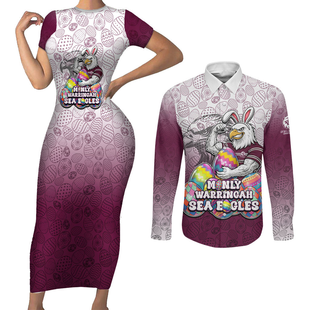 Personalized Manly Warringah Sea Eagles Couples Matching Short Sleeve Bodycon Dress and Long Sleeve Button Shirt Easter Mascot - Colorful Eggs Cartoon Style