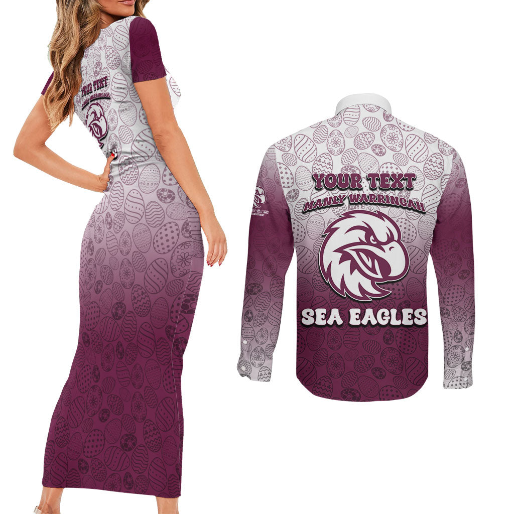 Personalized Manly Warringah Sea Eagles Couples Matching Short Sleeve Bodycon Dress and Long Sleeve Button Shirt Easter Mascot - Colorful Eggs Cartoon Style