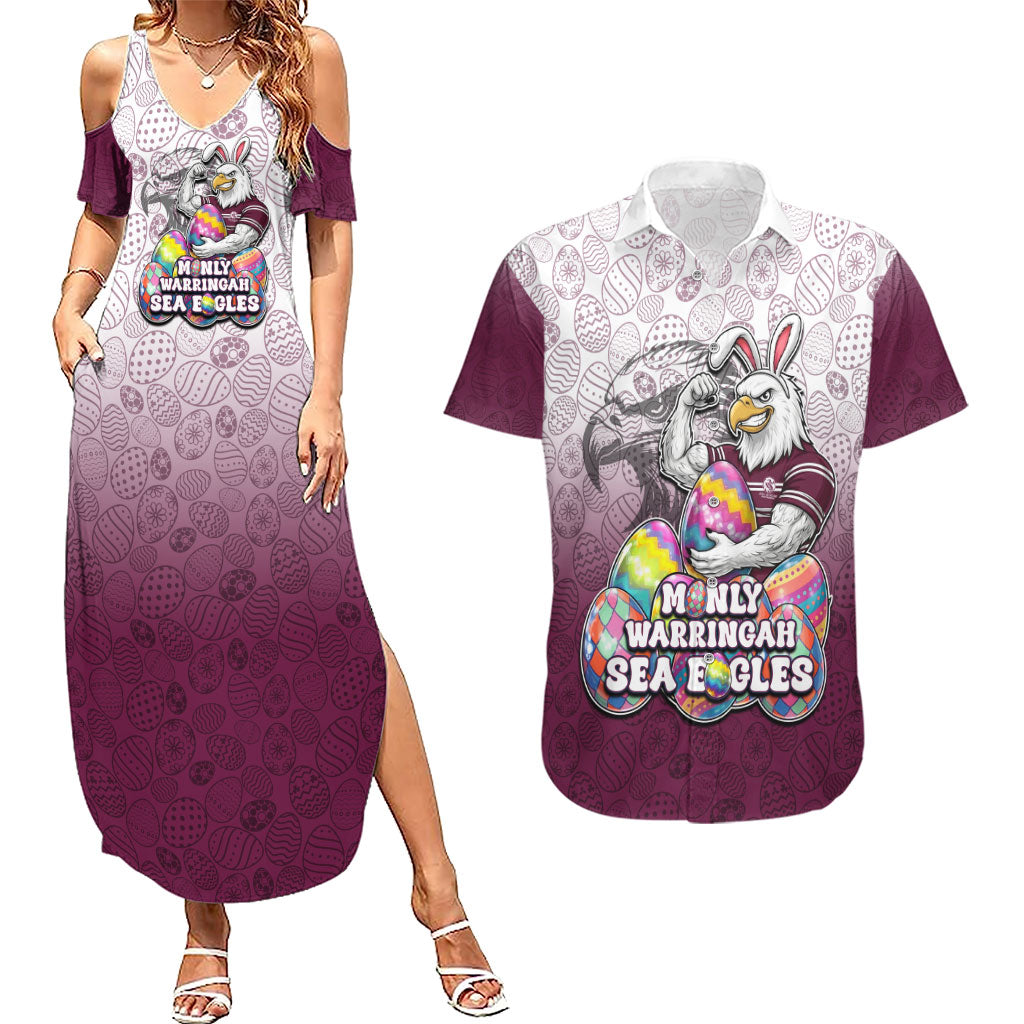 Personalized Manly Warringah Sea Eagles Couples Matching Summer Maxi Dress and Hawaiian Shirt Easter Mascot - Colorful Eggs Cartoon Style