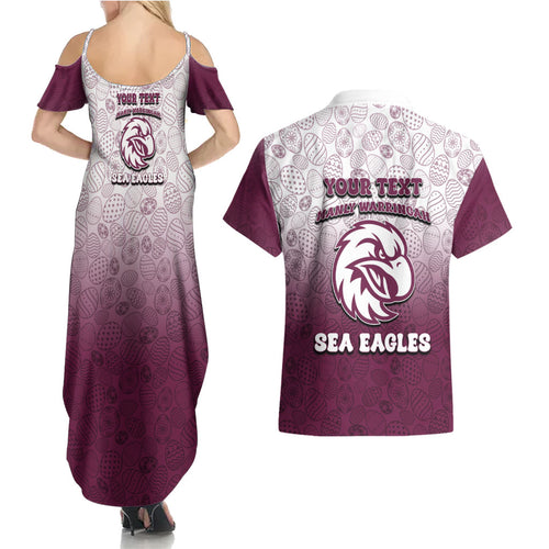 Personalized Manly Warringah Sea Eagles Couples Matching Summer Maxi Dress and Hawaiian Shirt Easter Mascot - Colorful Eggs Cartoon Style
