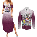 Personalized Manly Warringah Sea Eagles Couples Matching Summer Maxi Dress and Long Sleeve Button Shirt Easter Mascot - Colorful Eggs Cartoon Style