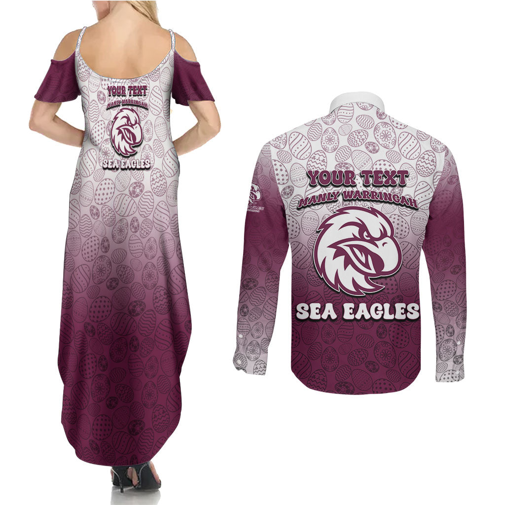 Personalized Manly Warringah Sea Eagles Couples Matching Summer Maxi Dress and Long Sleeve Button Shirt Easter Mascot - Colorful Eggs Cartoon Style