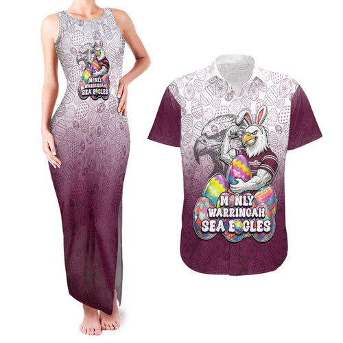 Personalized Manly Warringah Sea Eagles Couples Matching Tank Maxi Dress and Hawaiian Shirt Easter Mascot - Colorful Eggs Cartoon Style