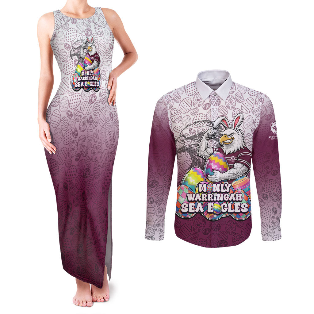 Personalized Manly Warringah Sea Eagles Couples Matching Tank Maxi Dress and Long Sleeve Button Shirt Easter Mascot - Colorful Eggs Cartoon Style