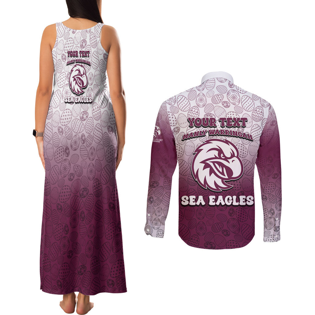 Personalized Manly Warringah Sea Eagles Couples Matching Tank Maxi Dress and Long Sleeve Button Shirt Easter Mascot - Colorful Eggs Cartoon Style