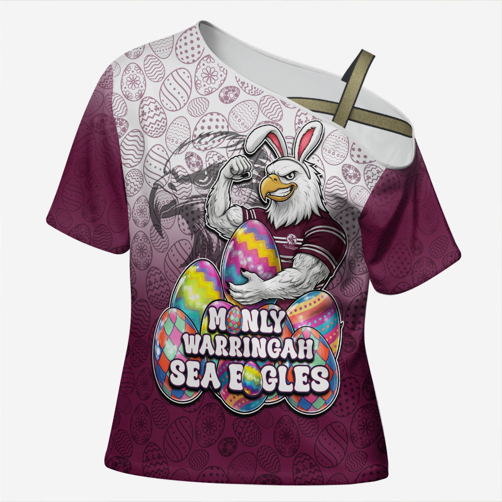 Personalized Manly Warringah Sea Eagles Cross Shoulder Shirt Easter Mascot - Colorful Eggs Cartoon Style