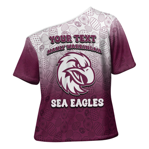 Personalized Manly Warringah Sea Eagles Cross Shoulder Shirt Easter Mascot - Colorful Eggs Cartoon Style