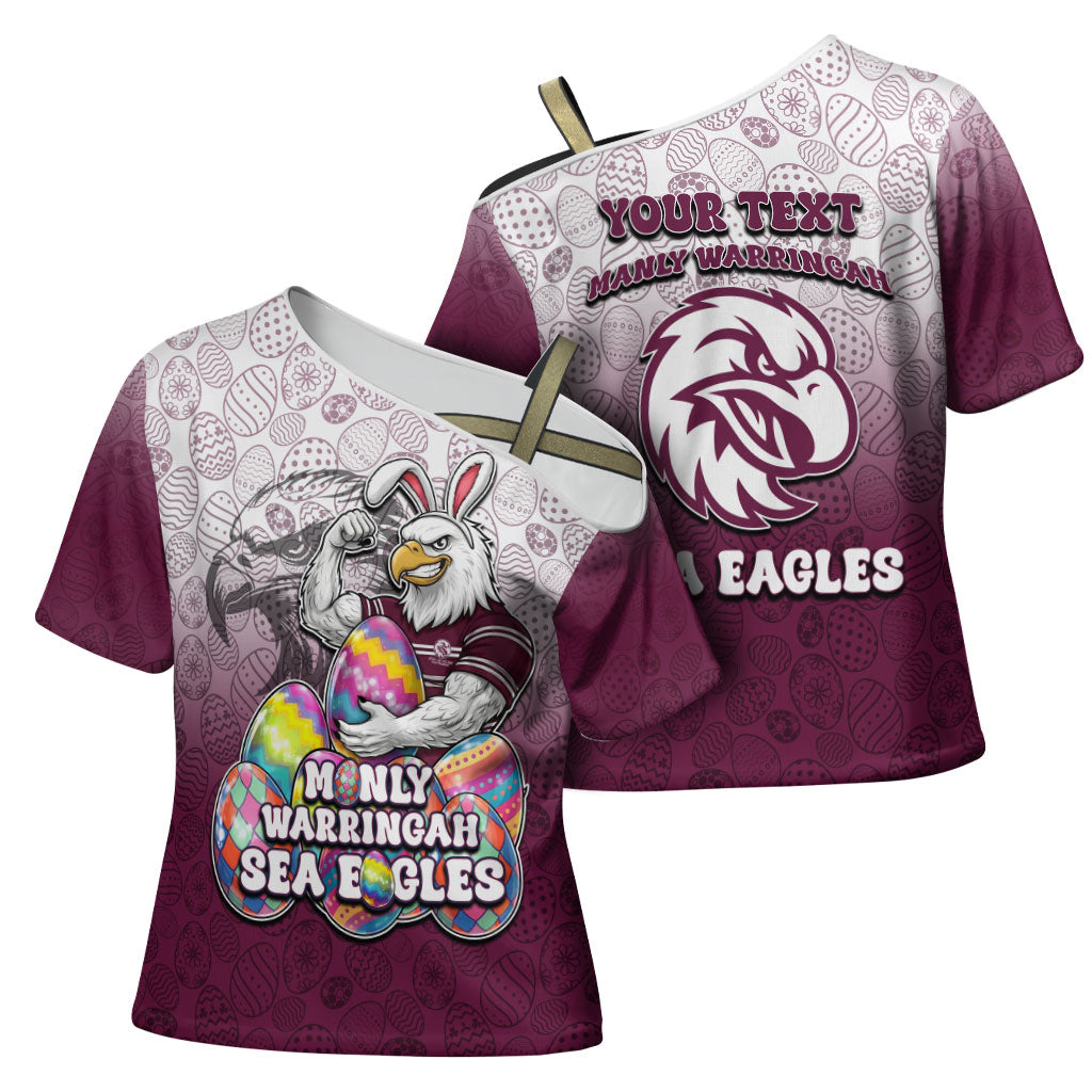 Personalized Manly Warringah Sea Eagles Cross Shoulder Shirt Easter Mascot - Colorful Eggs Cartoon Style