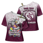 Personalized Manly Warringah Sea Eagles Cross Shoulder Shirt Easter Mascot - Colorful Eggs Cartoon Style