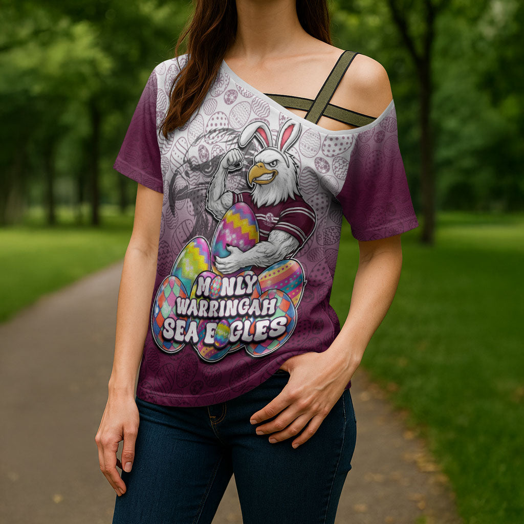 Personalized Manly Warringah Sea Eagles Cross Shoulder Shirt Easter Mascot - Colorful Eggs Cartoon Style