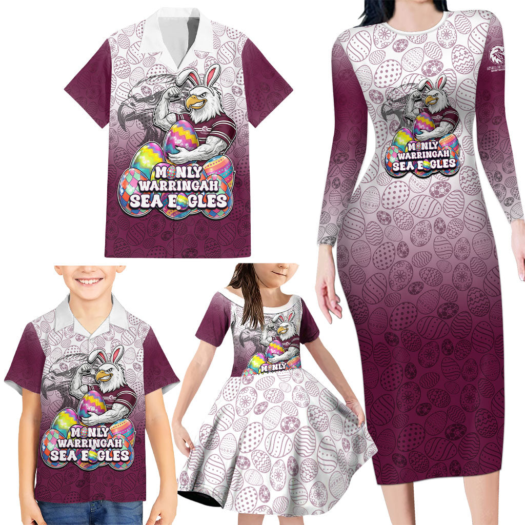 Personalized Manly Warringah Sea Eagles Family Matching Long Sleeve Bodycon Dress and Hawaiian Shirt Easter Mascot - Colorful Eggs Cartoon Style