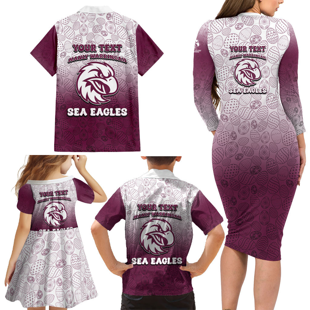 Personalized Manly Warringah Sea Eagles Family Matching Long Sleeve Bodycon Dress and Hawaiian Shirt Easter Mascot - Colorful Eggs Cartoon Style