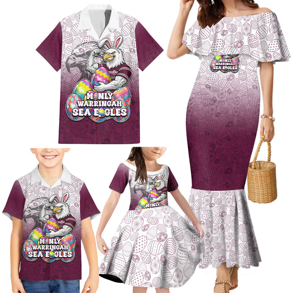 Personalized Manly Warringah Sea Eagles Family Matching Mermaid Dress and Hawaiian Shirt Easter Mascot - Colorful Eggs Cartoon Style