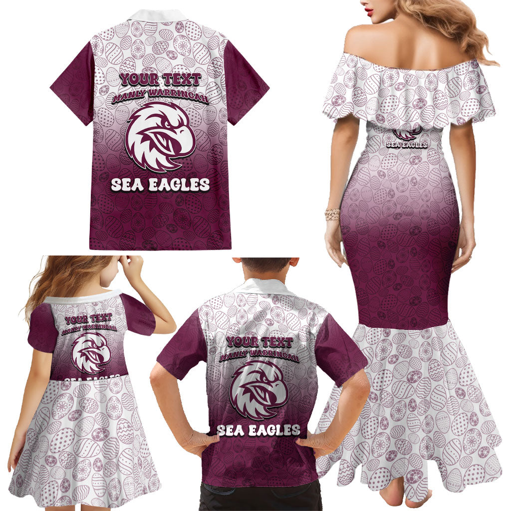 Personalized Manly Warringah Sea Eagles Family Matching Mermaid Dress and Hawaiian Shirt Easter Mascot - Colorful Eggs Cartoon Style