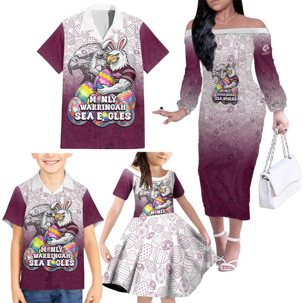 Personalized Manly Warringah Sea Eagles Family Matching Off The Shoulder Long Sleeve Dress and Hawaiian Shirt Easter Mascot - Colorful Eggs Cartoon Style