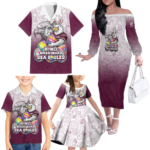 Personalized Manly Warringah Sea Eagles Family Matching Off The Shoulder Long Sleeve Dress and Hawaiian Shirt Easter Mascot - Colorful Eggs Cartoon Style