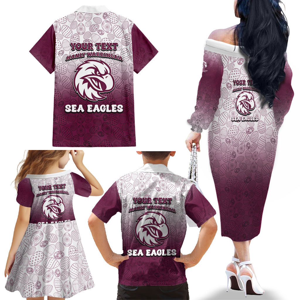 Personalized Manly Warringah Sea Eagles Family Matching Off The Shoulder Long Sleeve Dress and Hawaiian Shirt Easter Mascot - Colorful Eggs Cartoon Style