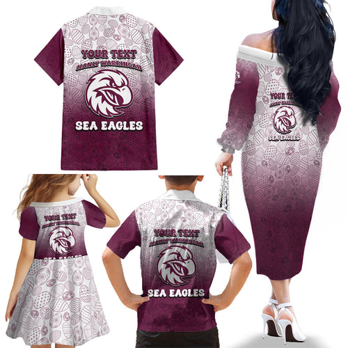 Personalized Manly Warringah Sea Eagles Family Matching Off The Shoulder Long Sleeve Dress and Hawaiian Shirt Easter Mascot - Colorful Eggs Cartoon Style