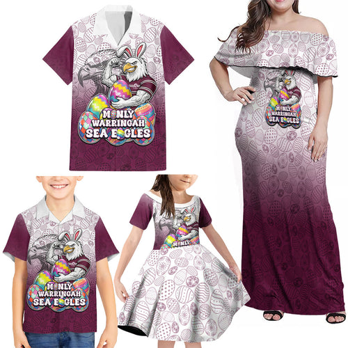 Personalized Manly Warringah Sea Eagles Family Matching Off Shoulder Maxi Dress and Hawaiian Shirt Easter Mascot - Colorful Eggs Cartoon Style