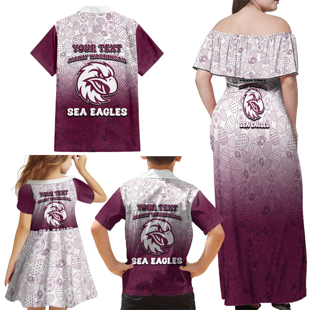 Personalized Manly Warringah Sea Eagles Family Matching Off Shoulder Maxi Dress and Hawaiian Shirt Easter Mascot - Colorful Eggs Cartoon Style