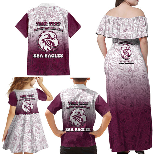 Personalized Manly Warringah Sea Eagles Family Matching Off Shoulder Maxi Dress and Hawaiian Shirt Easter Mascot - Colorful Eggs Cartoon Style