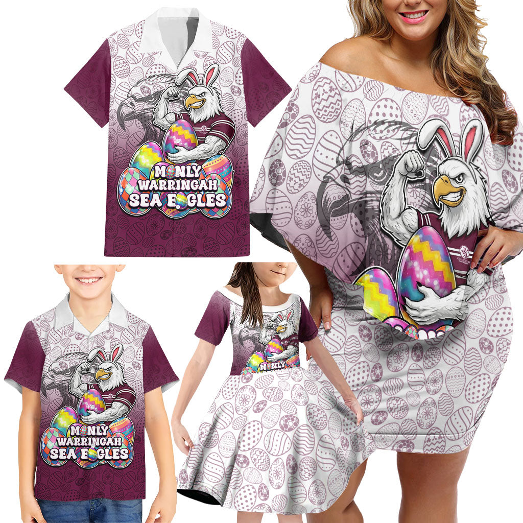 Personalized Manly Warringah Sea Eagles Family Matching Off Shoulder Short Dress and Hawaiian Shirt Easter Mascot - Colorful Eggs Cartoon Style