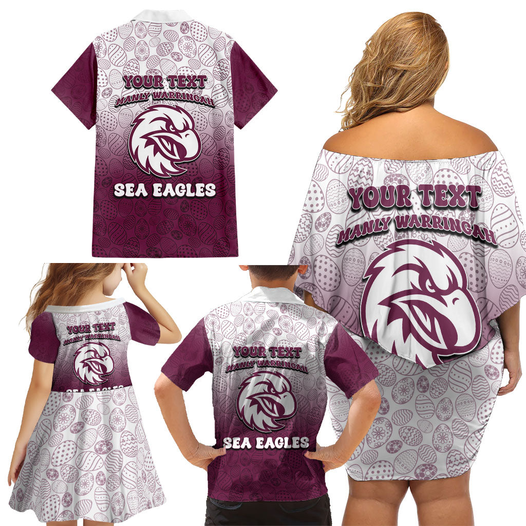 Personalized Manly Warringah Sea Eagles Family Matching Off Shoulder Short Dress and Hawaiian Shirt Easter Mascot - Colorful Eggs Cartoon Style