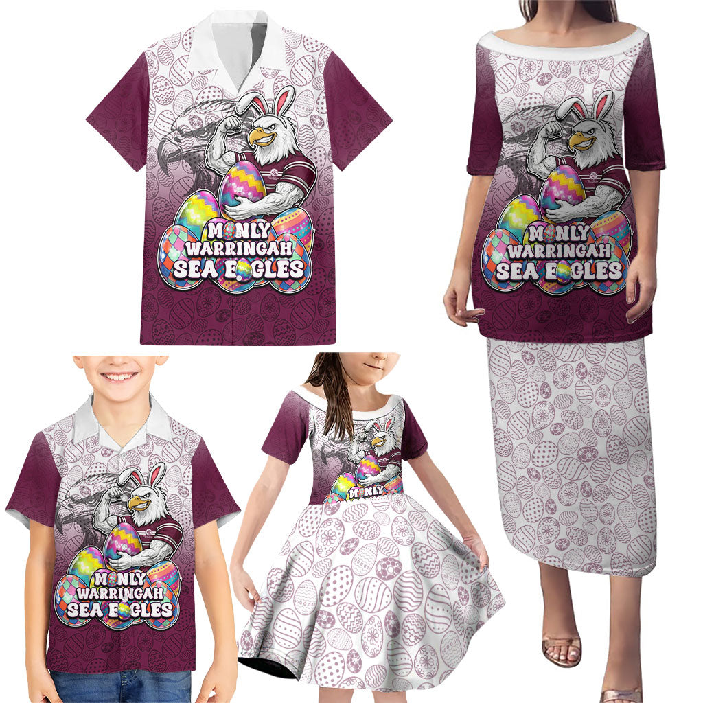 Personalized Manly Warringah Sea Eagles Family Matching Puletasi and Hawaiian Shirt Easter Mascot - Colorful Eggs Cartoon Style