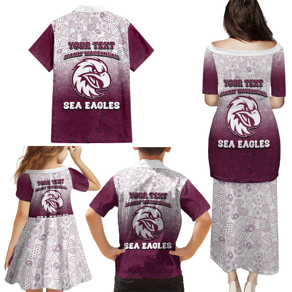 Personalized Manly Warringah Sea Eagles Family Matching Puletasi and Hawaiian Shirt Easter Mascot - Colorful Eggs Cartoon Style