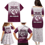 Personalized Manly Warringah Sea Eagles Family Matching Puletasi and Hawaiian Shirt Easter Mascot - Colorful Eggs Cartoon Style