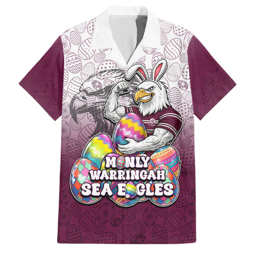 Personalized Manly Warringah Sea Eagles Family Matching Puletasi and Hawaiian Shirt Easter Mascot - Colorful Eggs Cartoon Style