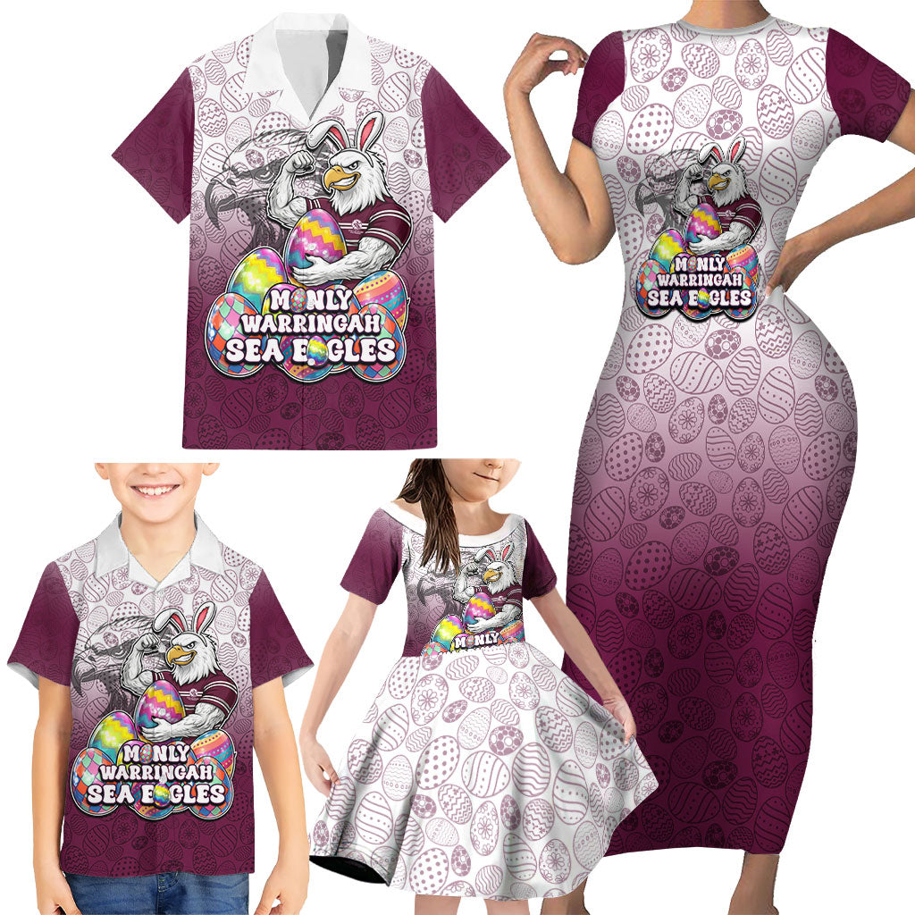 Personalized Manly Warringah Sea Eagles Family Matching Short Sleeve Bodycon Dress and Hawaiian Shirt Easter Mascot - Colorful Eggs Cartoon Style