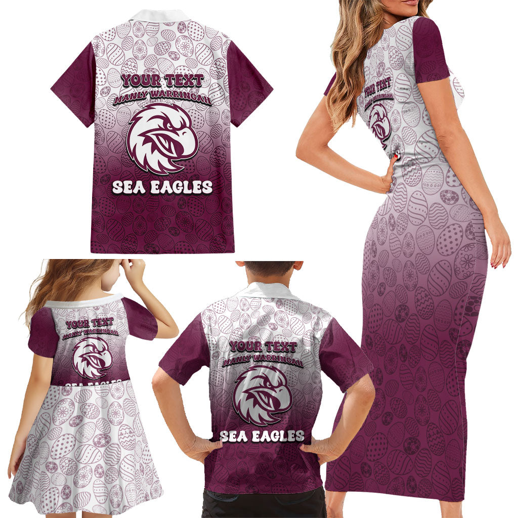 Personalized Manly Warringah Sea Eagles Family Matching Short Sleeve Bodycon Dress and Hawaiian Shirt Easter Mascot - Colorful Eggs Cartoon Style