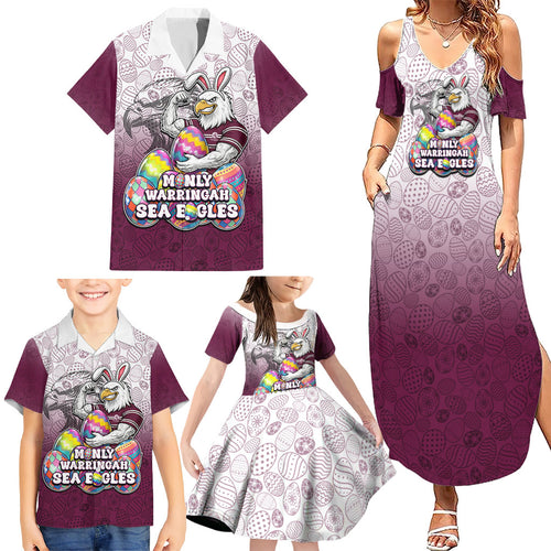 Personalized Manly Warringah Sea Eagles Family Matching Summer Maxi Dress and Hawaiian Shirt Easter Mascot - Colorful Eggs Cartoon Style
