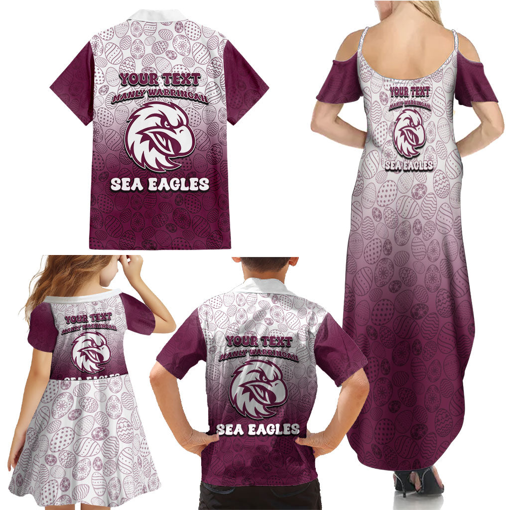 Personalized Manly Warringah Sea Eagles Family Matching Summer Maxi Dress and Hawaiian Shirt Easter Mascot - Colorful Eggs Cartoon Style
