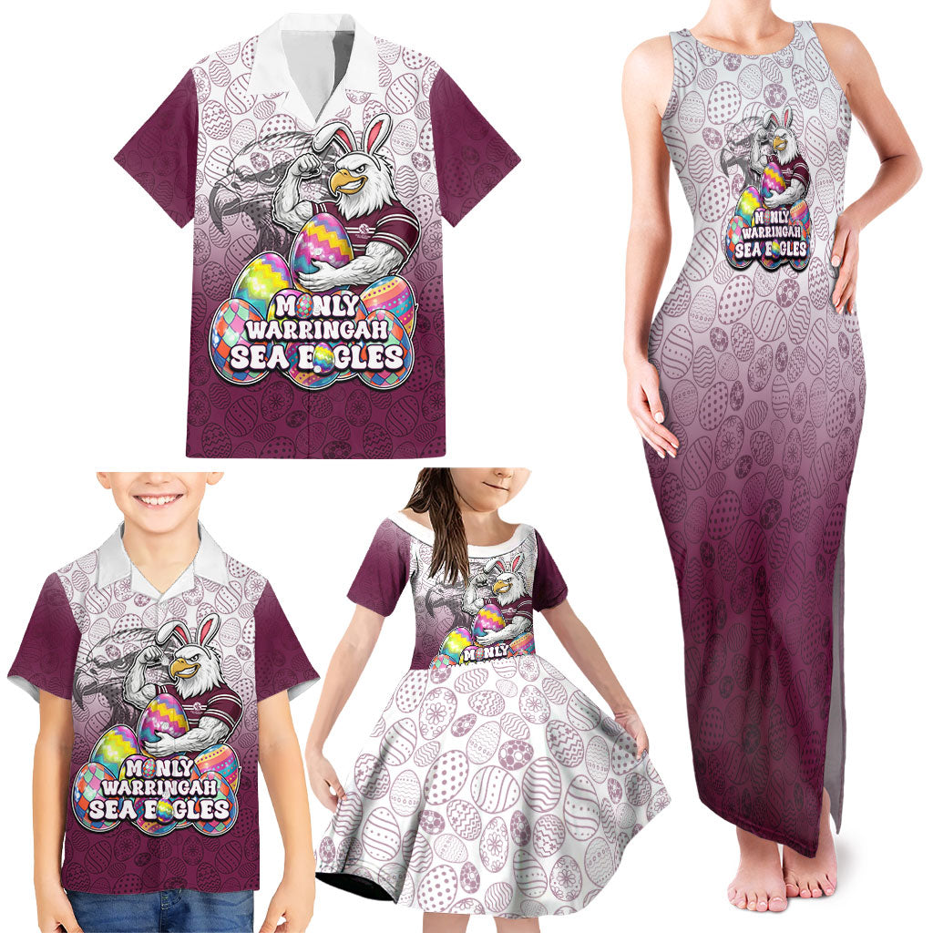 Personalized Manly Warringah Sea Eagles Family Matching Tank Maxi Dress and Hawaiian Shirt Easter Mascot - Colorful Eggs Cartoon Style