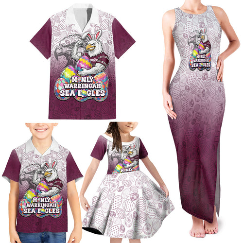 Personalized Manly Warringah Sea Eagles Family Matching Tank Maxi Dress and Hawaiian Shirt Easter Mascot - Colorful Eggs Cartoon Style