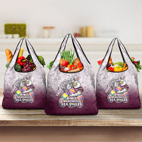 Personalized Manly Warringah Sea Eagles Grocery Bag Easter Mascot - Colorful Eggs Cartoon Style